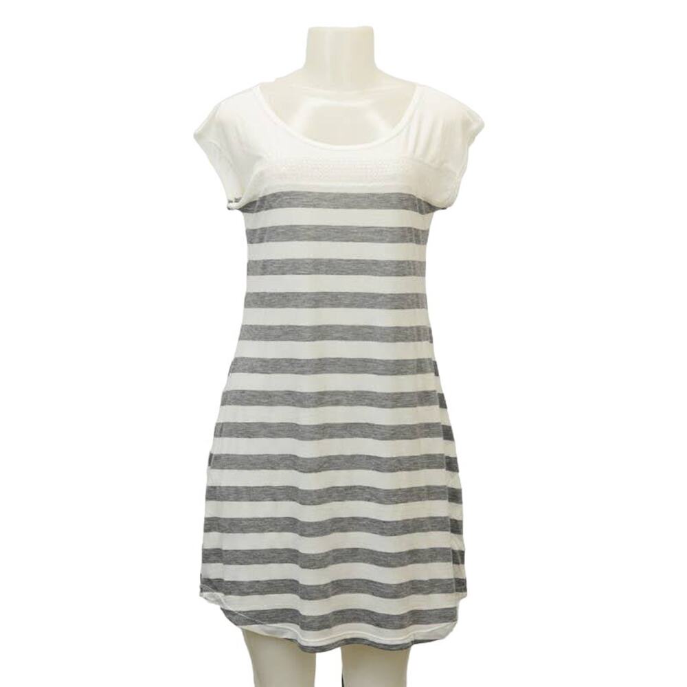 Leto Shirt Dress Womens XS/S White Heather Gray Striped Lace Accent Pullover